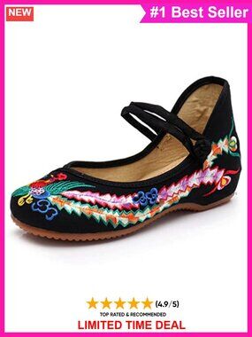 Chinese Embroidered Flats Women's Mary Jane Ballet Yoga Shoes Rubber Sole